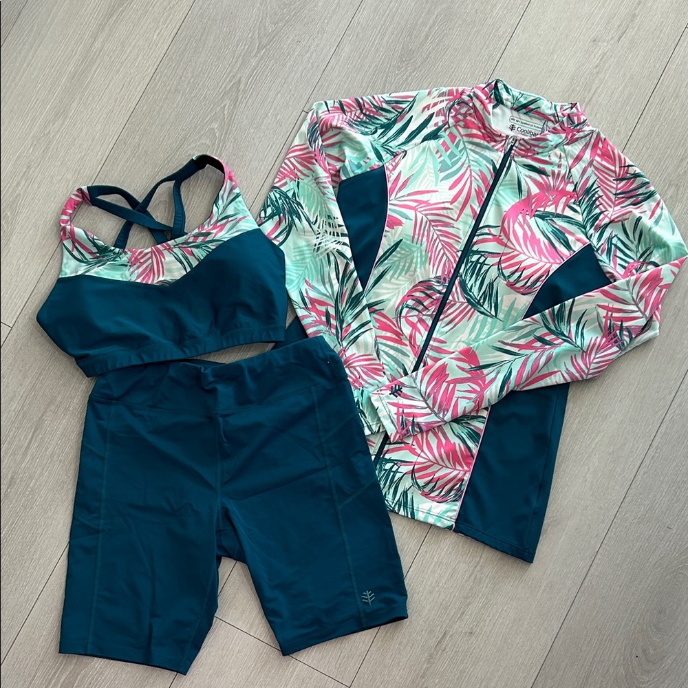 Coolibar Tropical Leaf Print Rash Guard & Two Piece Swim Suit